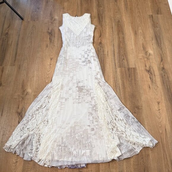 Save the Queen White Maxi Dress Mixed Media Lace Geometric Floral Fairy Y2K M - Picture 8 of 15